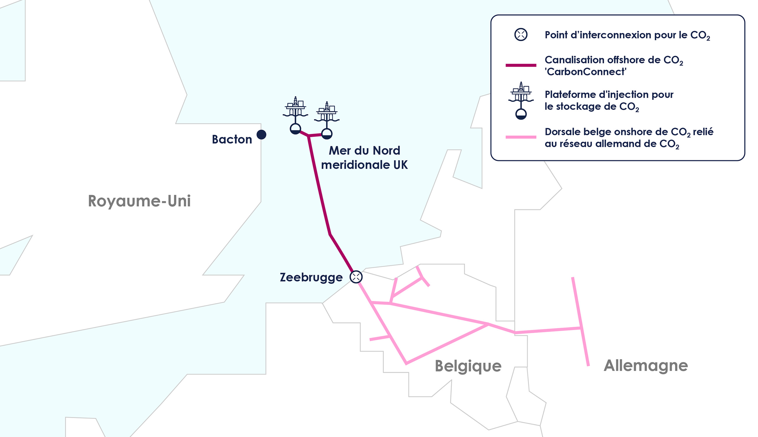 Carte et tracé du projet de canalisation Carbonconnect et des infrastructures associées.