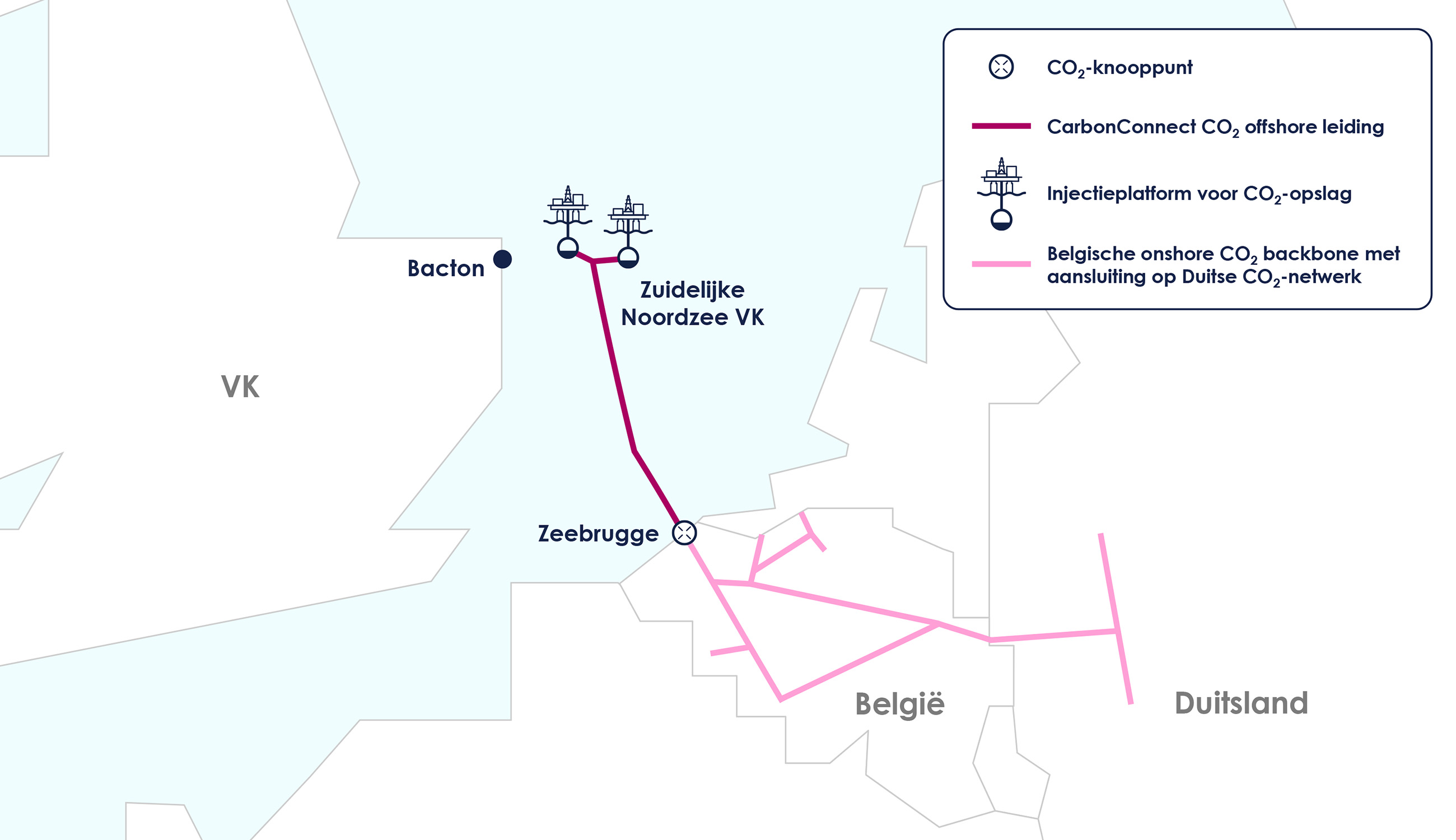 Kaart en tracé van de voorgestelde CarbonConnect-pijpleiding en bijbehorende infrastructuur.