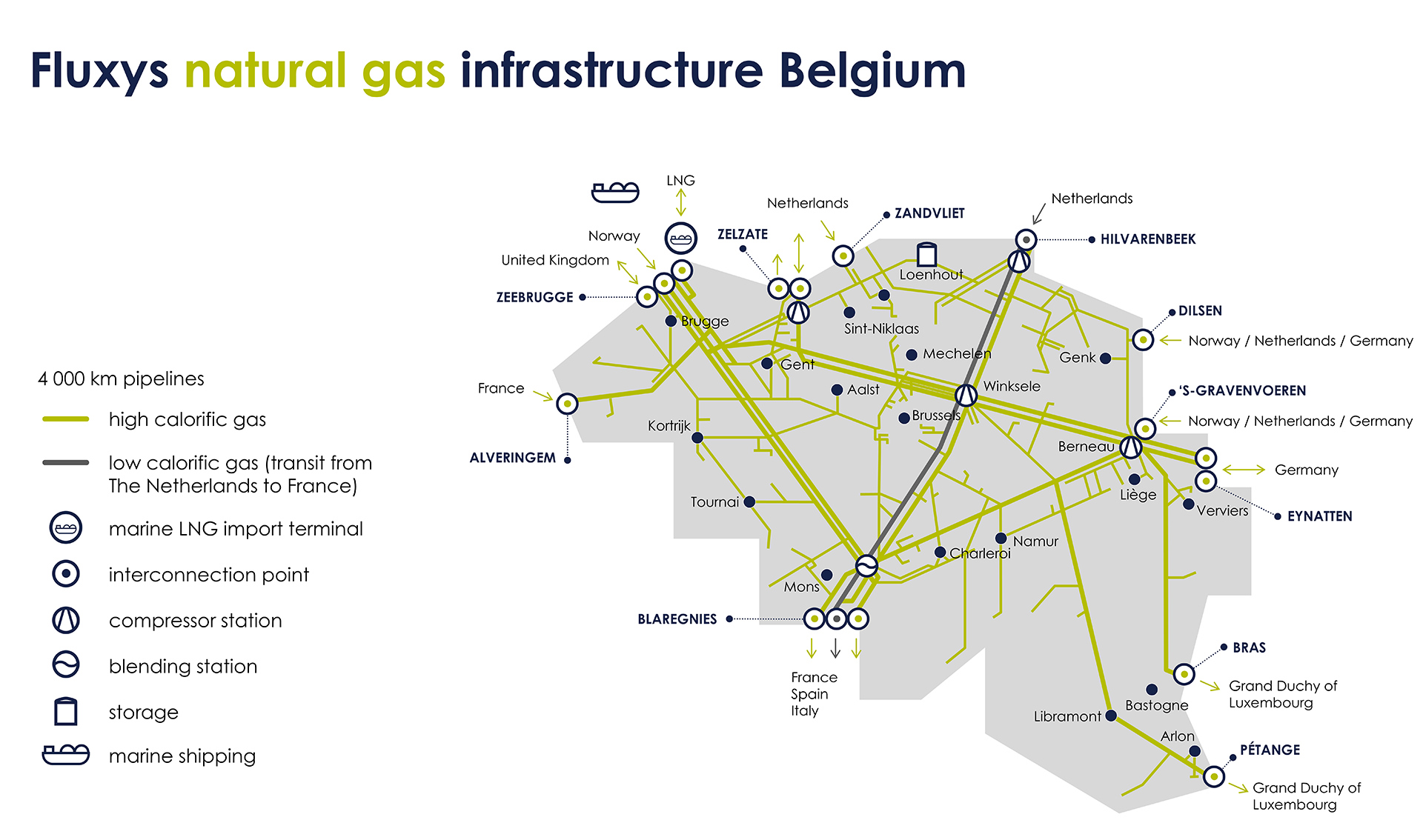 Map of the natural gas infrastructure and network of Fluxys Belgium.