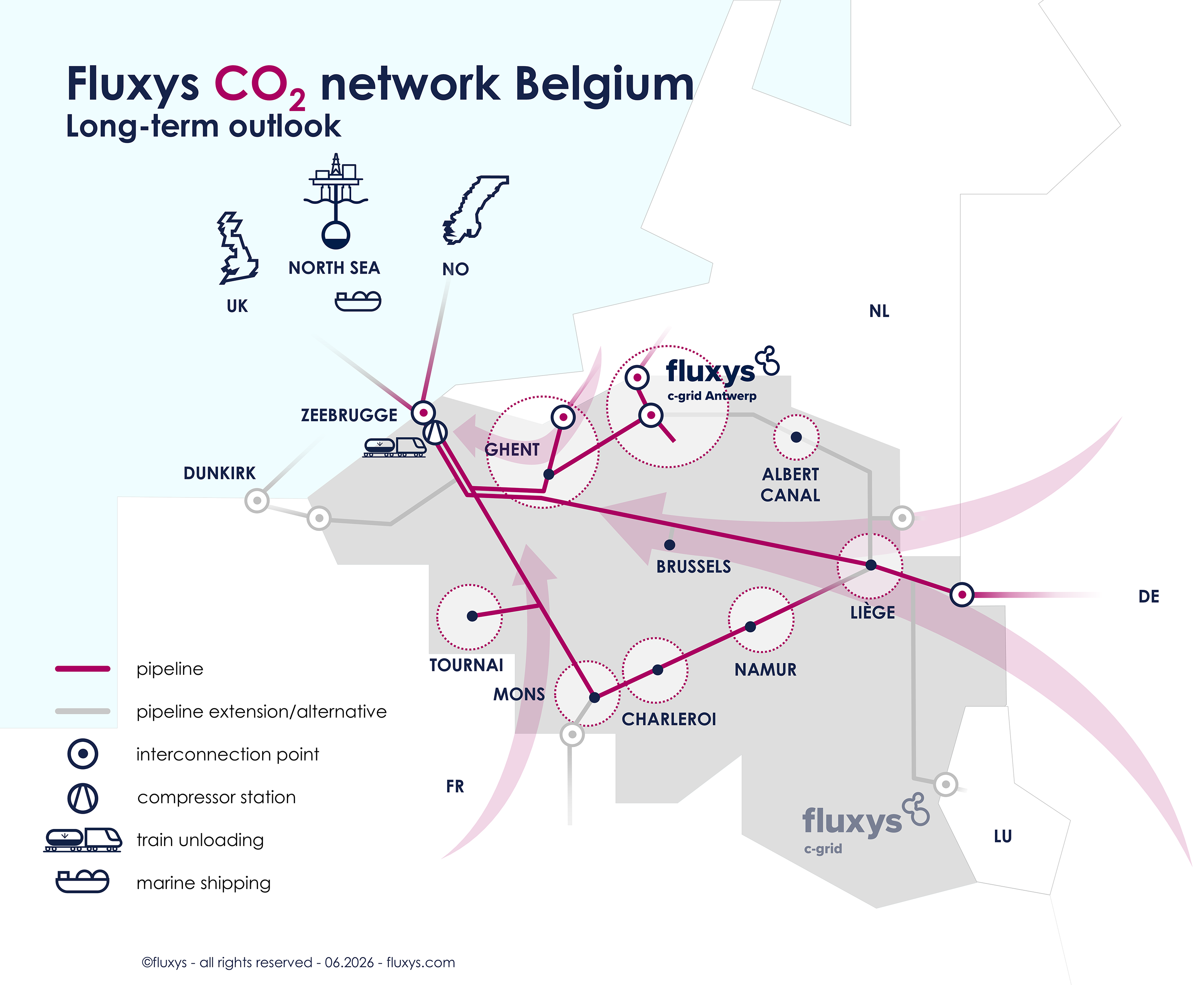 Map of the long-term vision of Fluxys for carbon infrastructure in Belgium.