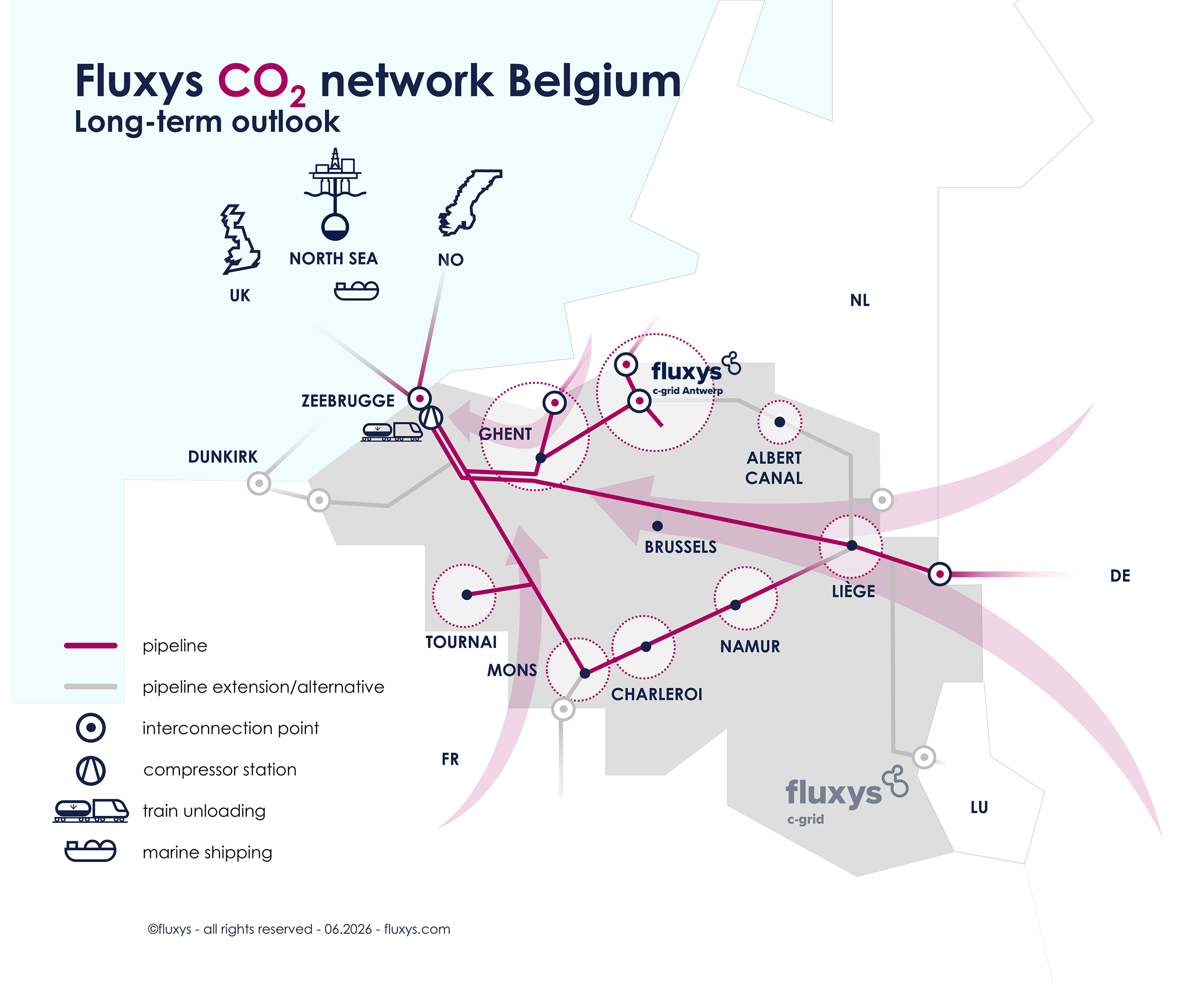 Map of the long-term vision of Fluxys for carbon infrastructure in Belgium.