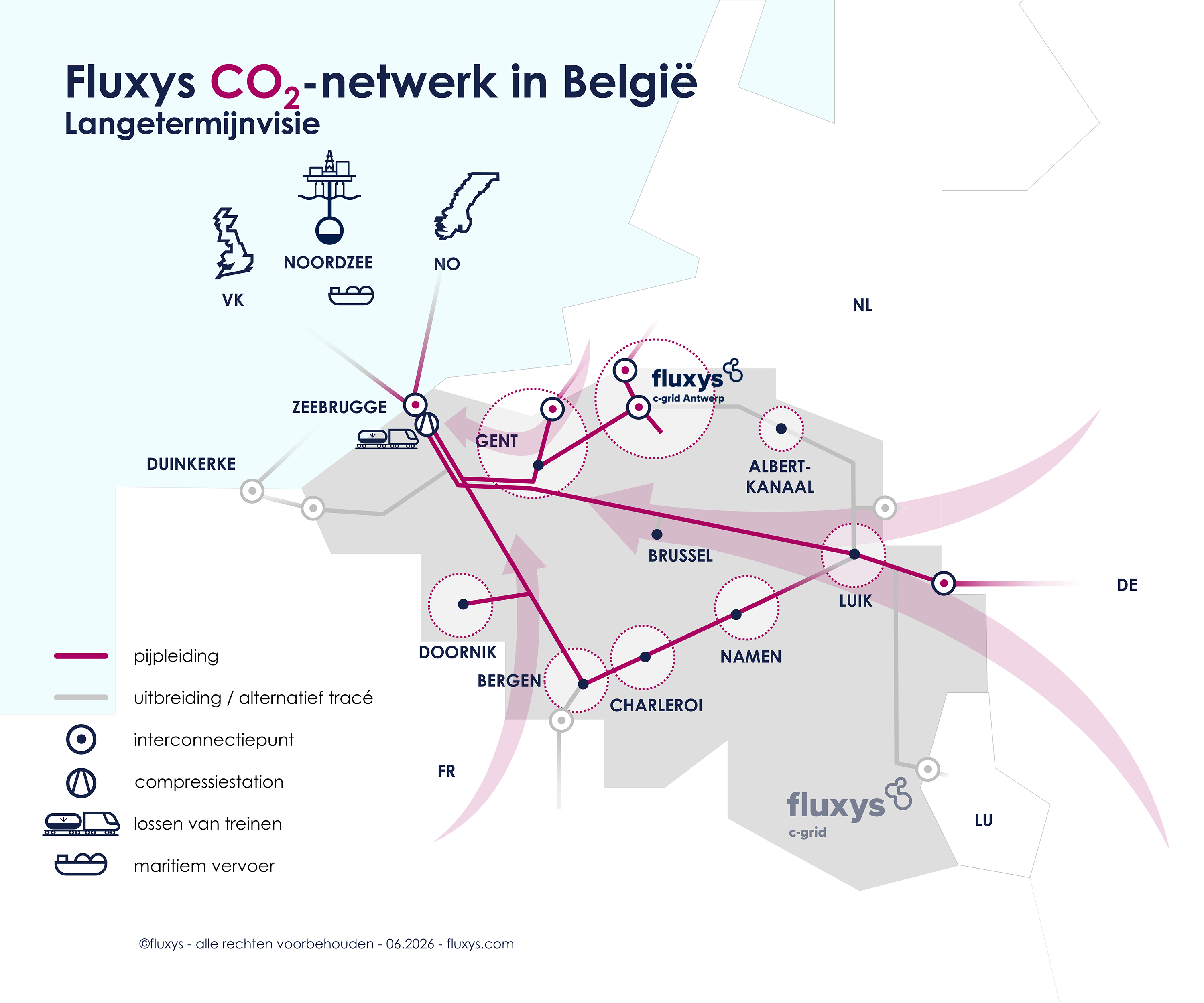 Kaart van de langetermijnvisie van Fluxys voor koolstofinfrastructuur in België.