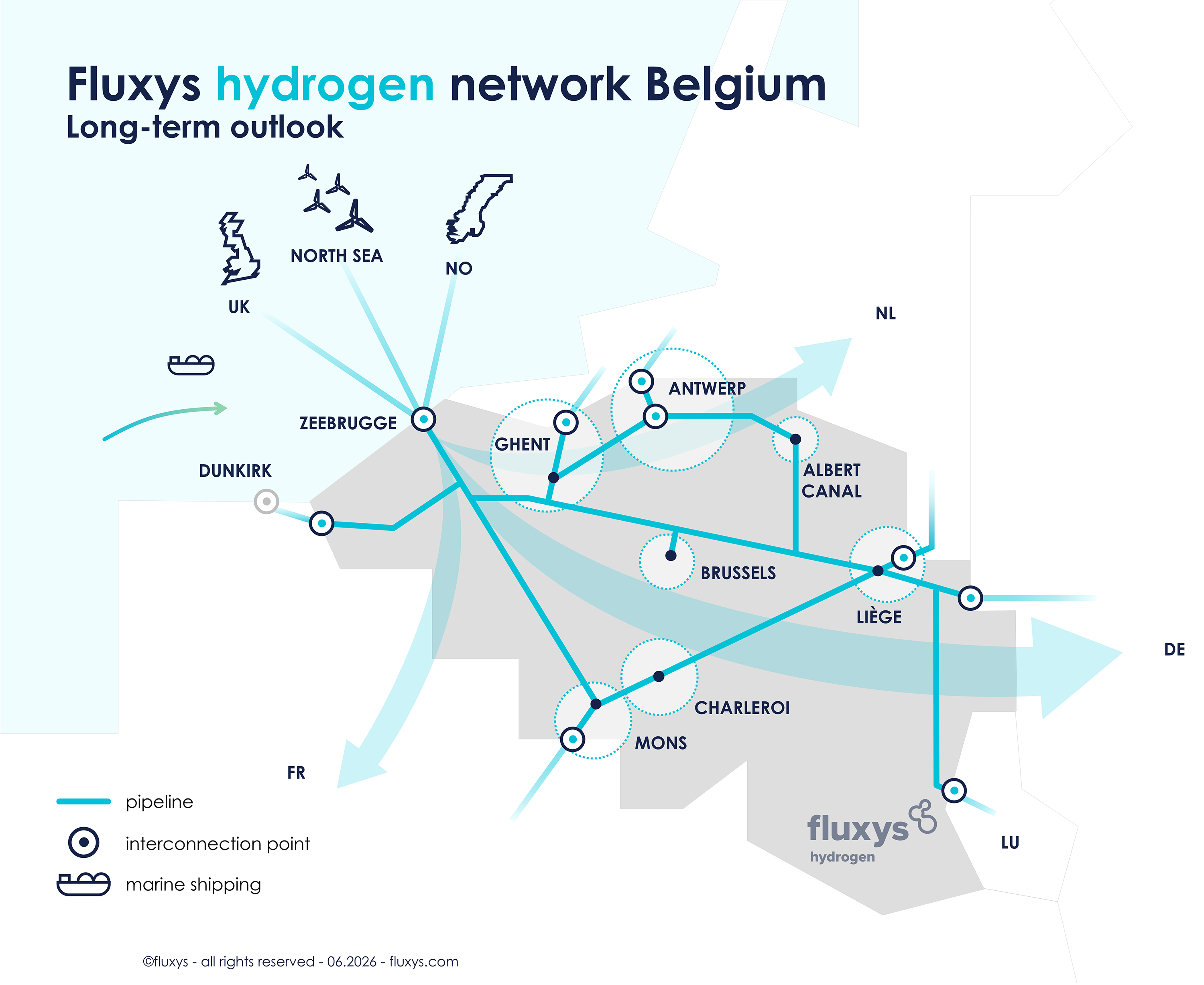 Map of the long-term vision of Fluxys for hydrogen infrastructure in Belgium.
