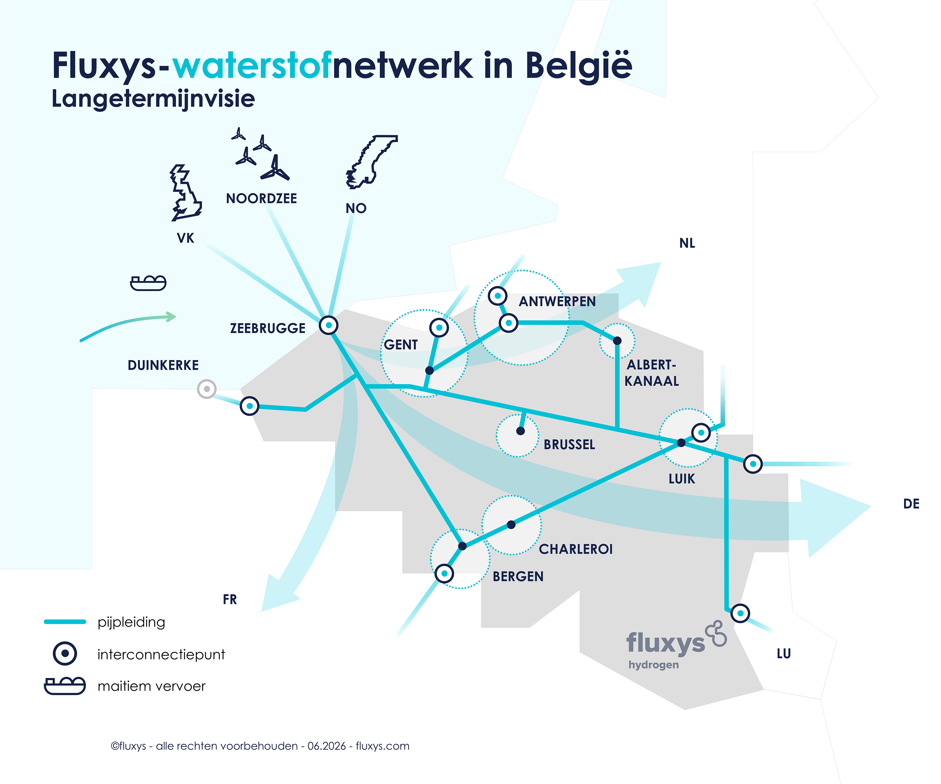 Kaart van de langetermijnvisie van Fluxys voor waterstofinfrastructuur in België.